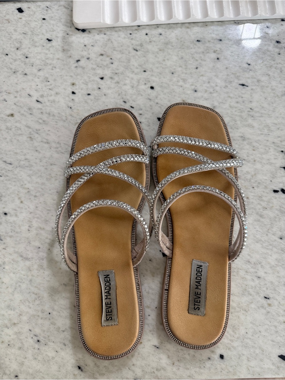 Steve Madden Crystal-Strap Slide Sandals in Tan and Silver
